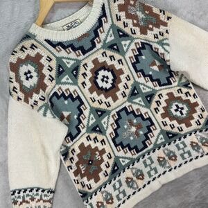 Heirloom Collectibles Women's Sweater Cream Geo Aztec Knit Ramie Cotton Sz M